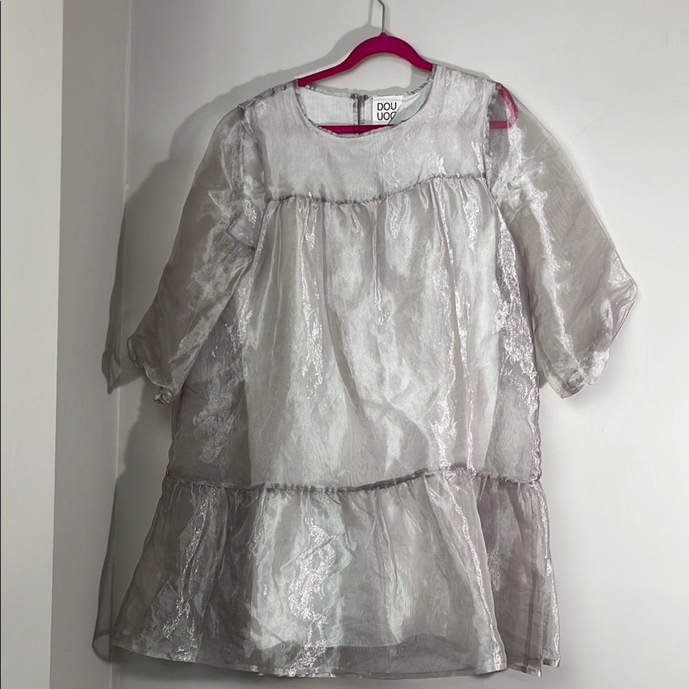 Douuod organza double layer silver tiered dress